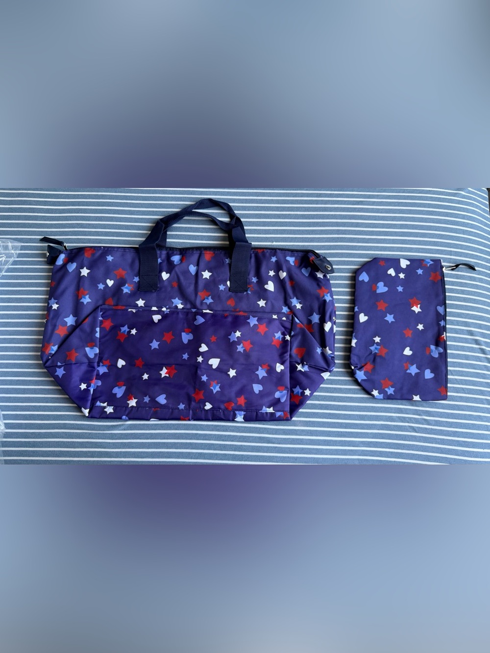 Navy Star & Heart Print Tote with Matching Pouch